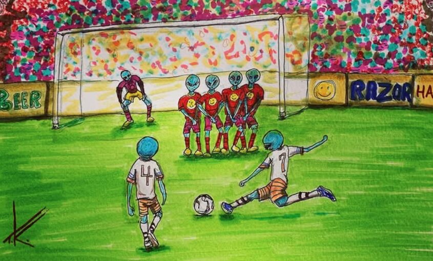 alien art sports by Tim Kelly similar alien activity soccer football World Cup penalty kick goal