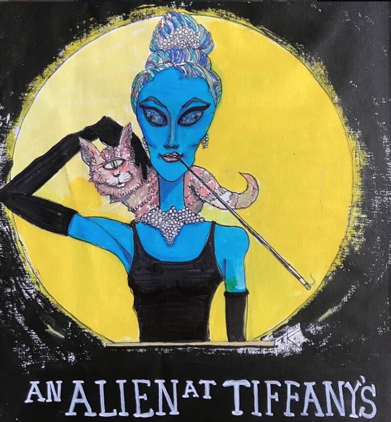 Alien Breakfast in Tiffany's movie acrylic painting by Tim Kelly Similar Alien entertainment Audrey Hepburn