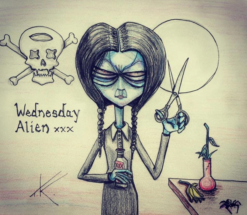 Alien Wednesday Addams TV show acrylic painting by Tim Kelly Similar Alien entertainment Addams Family