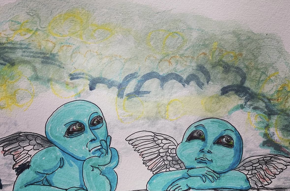 Alien Two Angels Cherubs acrylic painting rendition of classic Raphael on Sistine Chapel
Created by Tim Kelly Similar Alien