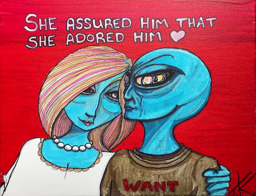 She Assured Him That She Adored Him Aliens in Love acrylic painting by Tim Kelly Similar Alien