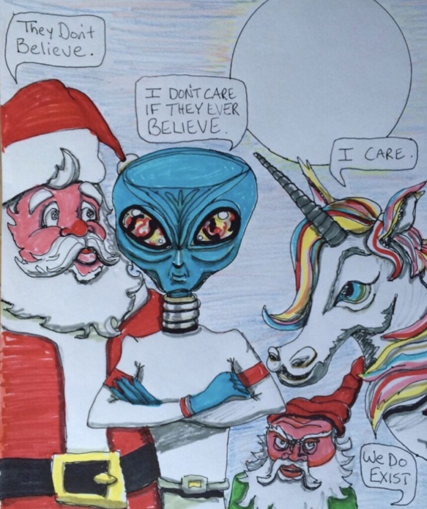 alien art holidays by Tim Kelly similar alien Santa gnome unicorn believe