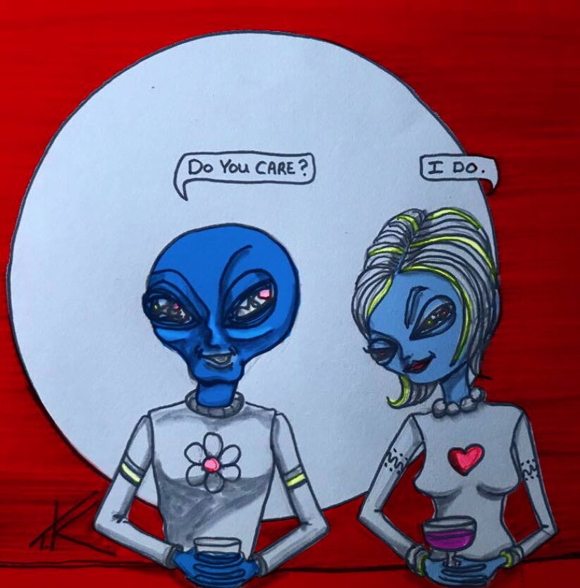 Do You Care? Aliens in Love acrylic painting by Tim Kelly Similar Alien