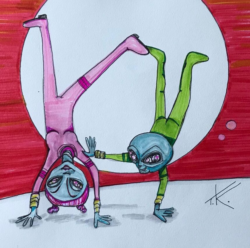 Upside-down Aliens in Love acrylic painting by Tim Kelly Similar Alien