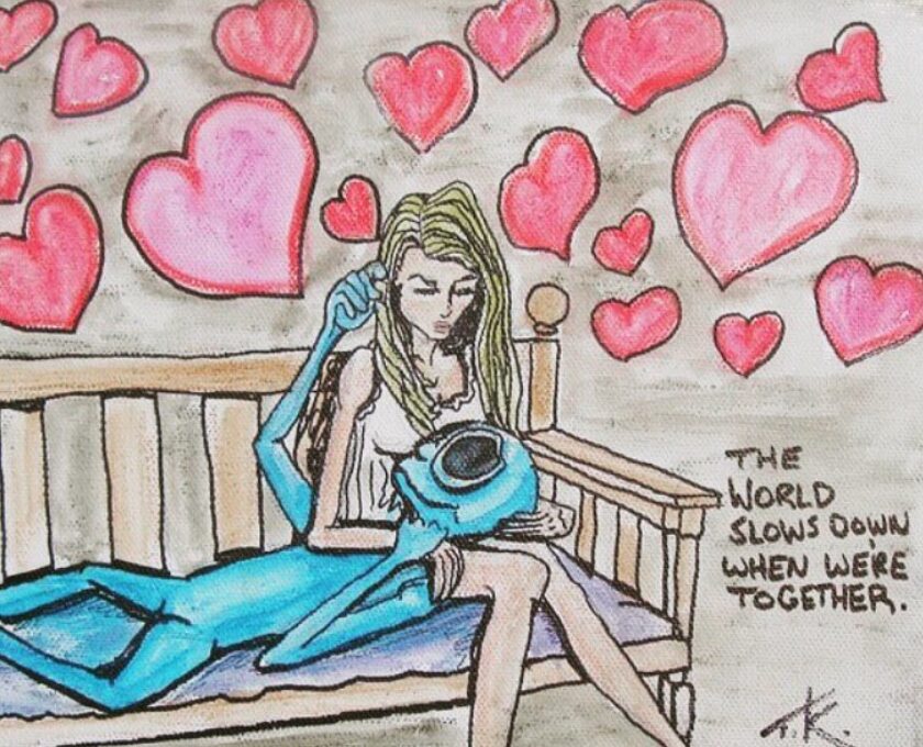Aliens in Love acrylic painting by Tim Kelly Similar Alien The World Slowed Down