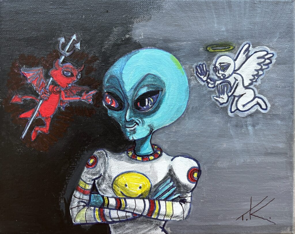 Alien the original influencers acrylic painting by Tim Kelly Similar Alien Life devil and angel