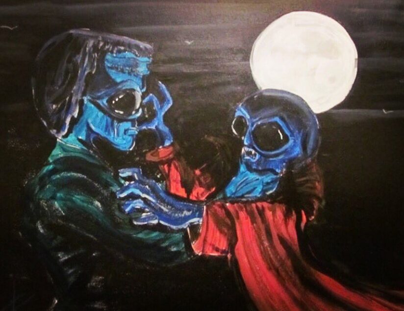 Alien Frankenstein vs Dracula movie acrylic painting by Tim Kelly Similar Alien entertainment monsters