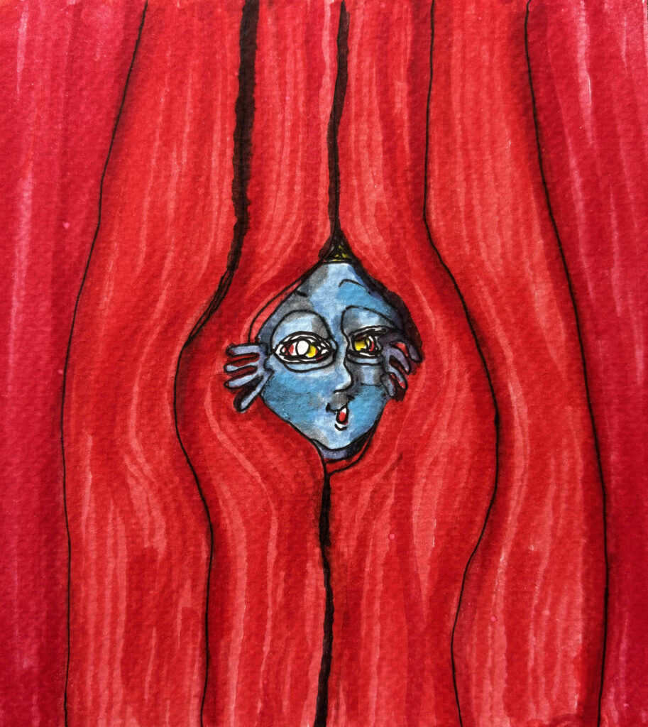 Alien Theatre acrylic painting by Tim Kelly Similar Alien entertainment red curtain