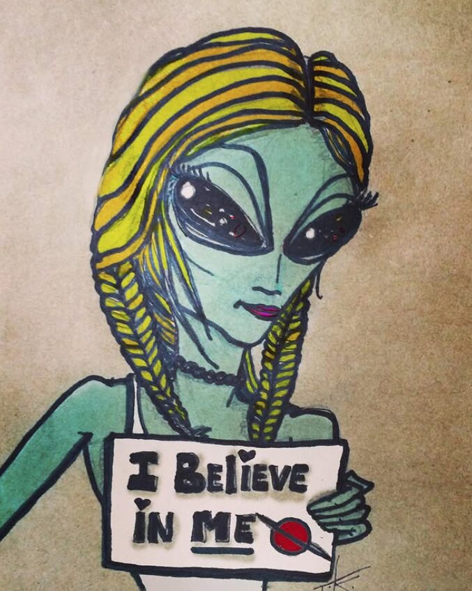 Alien girl believes in herself acrylic painting by Tim Kelly Similar Alien Life