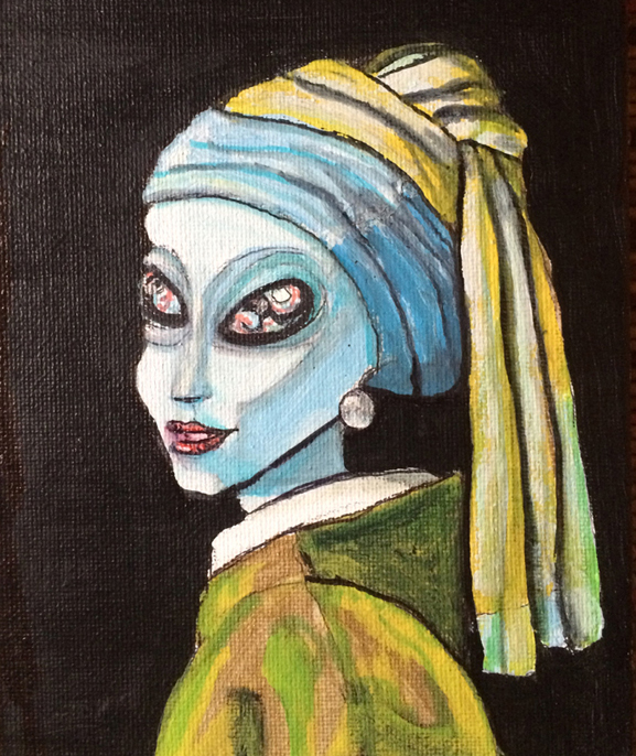 Alien Girl with a Pearl Earring is an acrylic painting rendition of the classic painting Girl with a Pearl Earring by Vermeer
Created by Tim Kelly Similar Alien