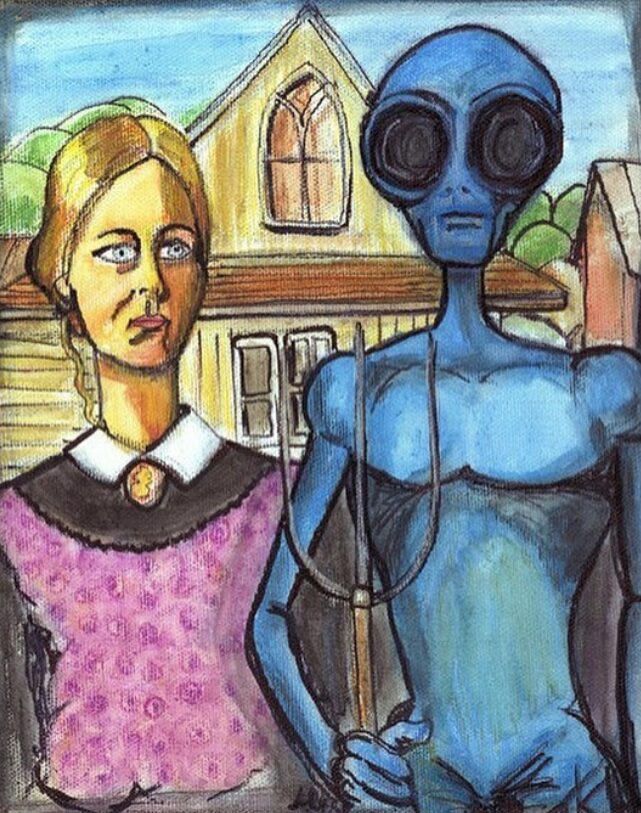 Alien American Gothic is an acrylic painting rendition of the classic painting by Grant Wood
Created by Tim Kelly Similar Alien