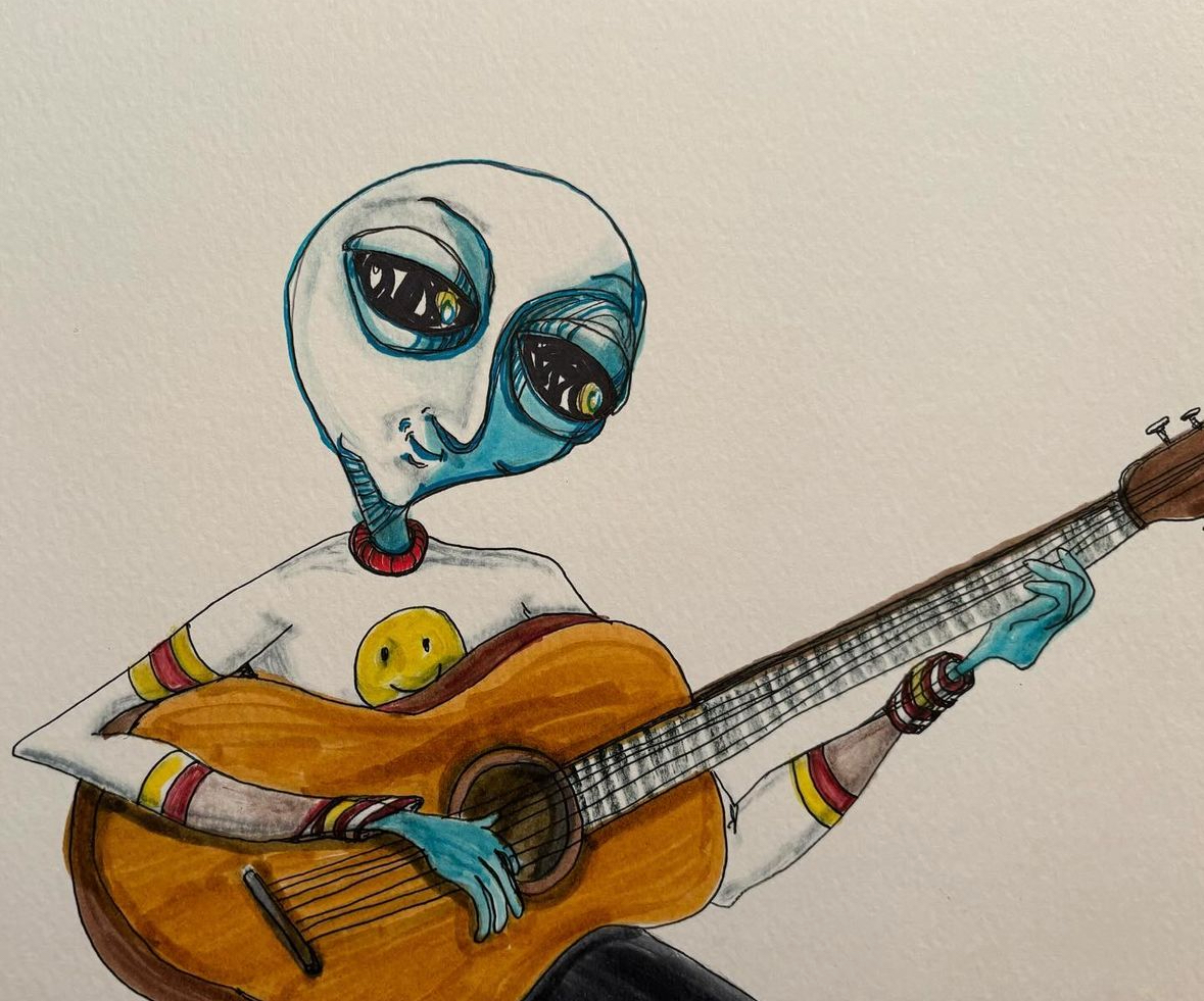 Alien guitar gently weeps acrylic painting by Tim Kelly Similar Alien music George Harrison