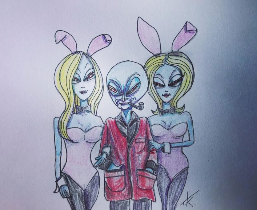 Alien Hugh Hefner movie acrylic painting by Tim Kelly Similar Alien entertainment Playboy