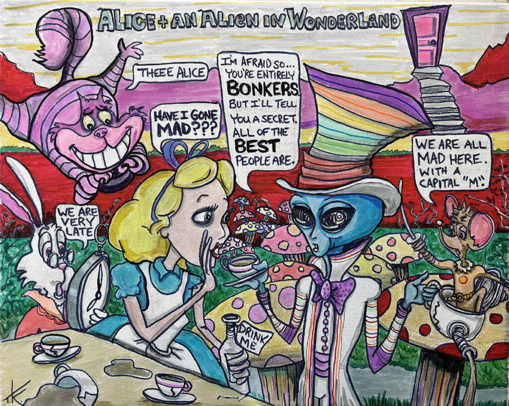 alien art Alice in wonderland by Tim Kelly similar alien mushroom rabbit hole mad hatter Cheshire Cat door mouse tea white rabbit