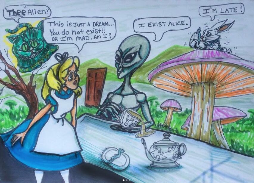 alien art Alice in wonderland by Tim Kelly similar alien mushroom rabbit hole mad hatter Cheshire Cat door mouse tea white rabbit