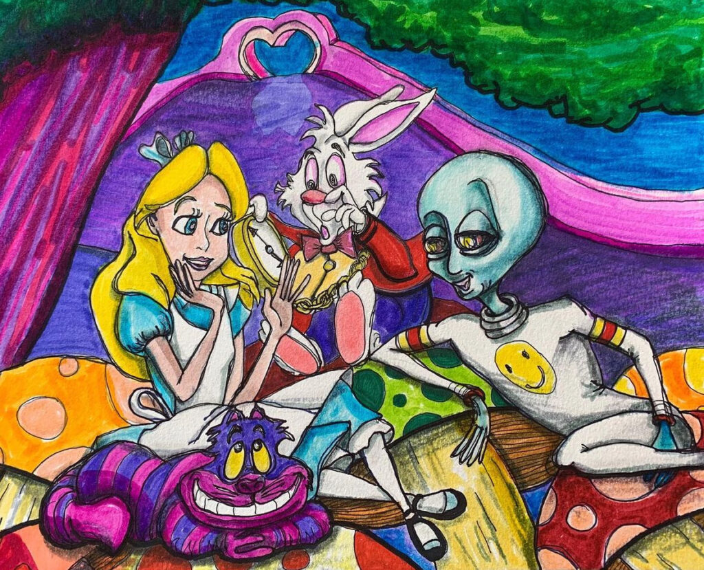 alien art Alice in wonderland by Tim Kelly similar alien mushroom rabbit hole mad hatter Cheshire Cat door mouse tea white rabbit