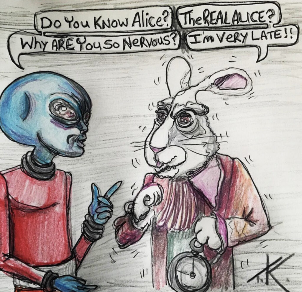 alien art Alice in wonderland by Tim Kelly similar alien mushroom rabbit hole tea white rabbit