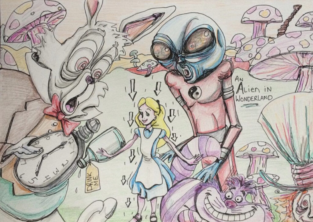 alien art Alice in wonderland by Tim Kelly similar alien mushroom rabbit hole mad hatter Cheshire Cat door mouse tea white rabbit