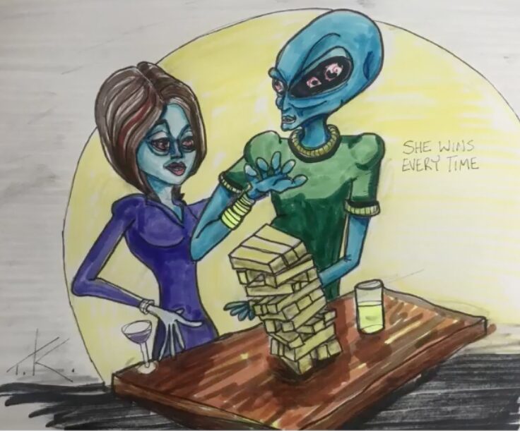 Alien Jenga acrylic painting by Tim Kelly Similar Alien Life play