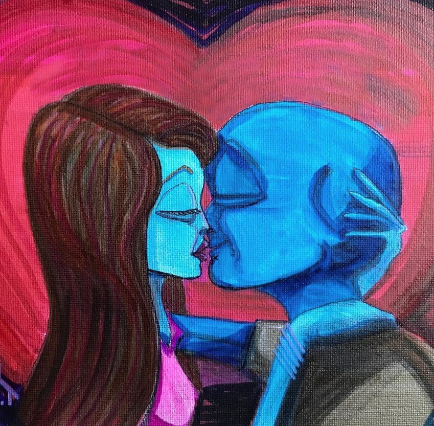 Kiss Aliens in Love acrylic painting by Tim Kelly Similar Alien