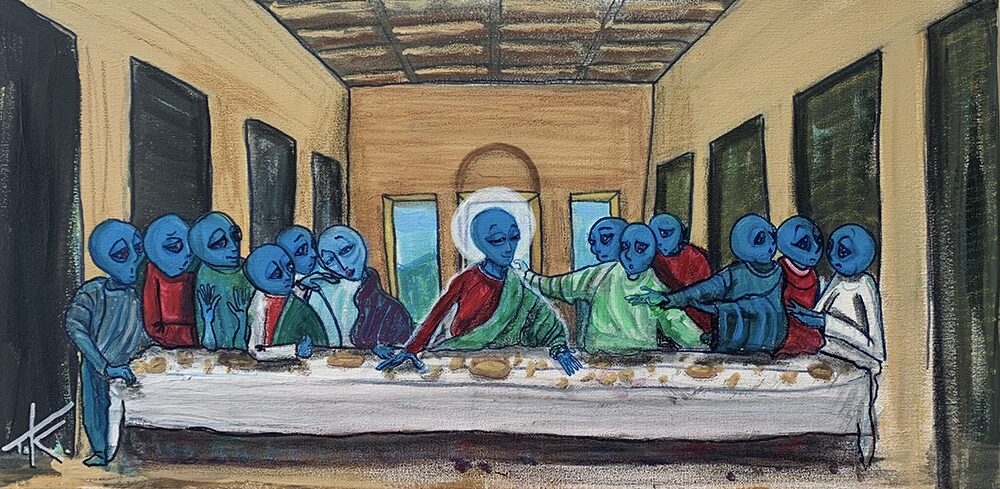 The Alien Last Supper acrylic painting homage to classic painting by Leonardo da Vinci
Created by Tim Kelly Similar Alien
