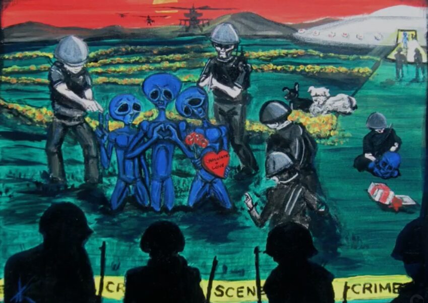 Alien Misunderstanding acrylic painting by Tim Kelly Similar Alien They come in peace
