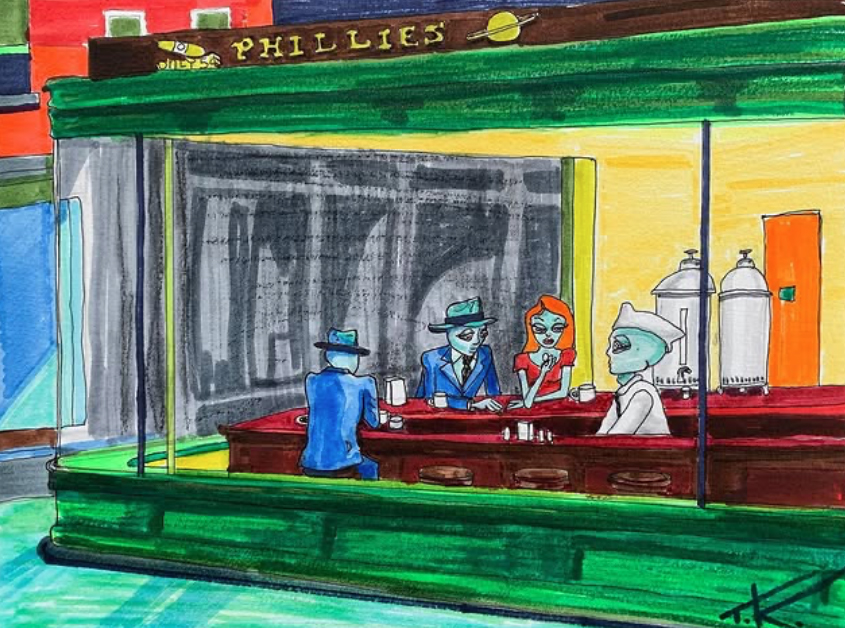 Alien Nighthawks acrylic painting rendition of Edward Hopper's realism painting
Created by Tim Kelly Similar Alien