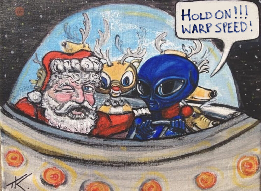 alien art holidays by Tim Kelly similar alien Christmas Santa Rudolph red nose reindeer
