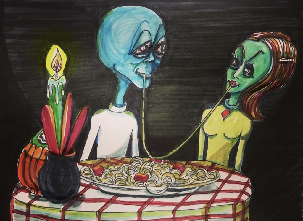 Alien Lady and the tramp movie acrylic painting by Tim Kelly Similar Alien entertainment spaghetti