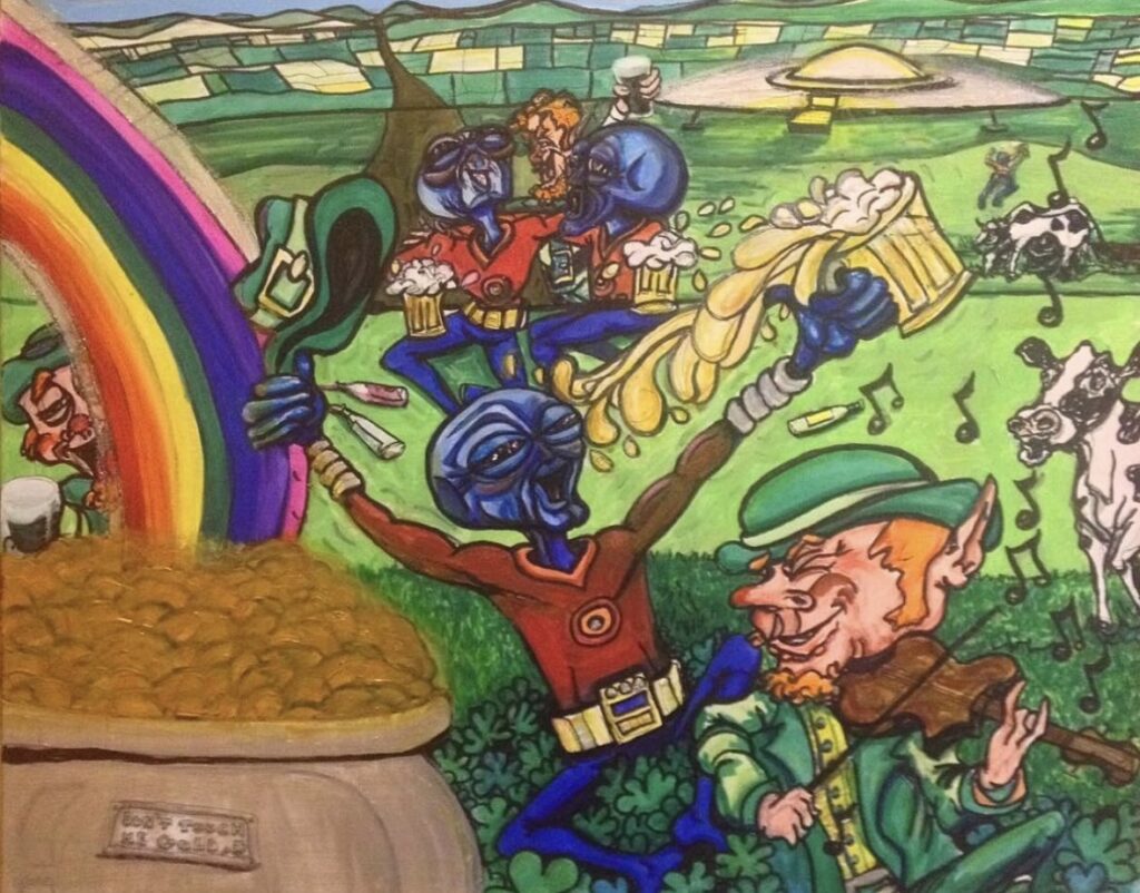 alien art holidays by Tim Kelly similar alien st Patricks day pot of gold leprechaun fiddle beer 