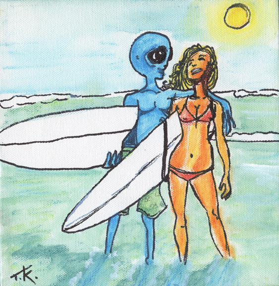 alien art surf beach by Tim Kelly similar alien ocean surfer girl
