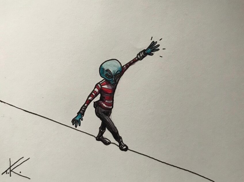 Alien tightrope acrylic painting by Tim Kelly Similar Alien Life balance