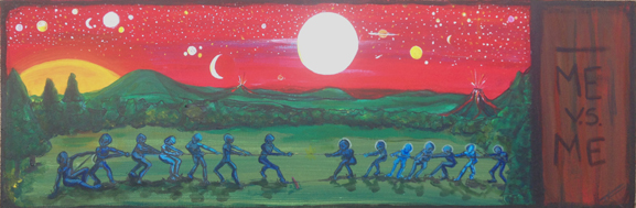 Alien art acrylic painting by Tim Kelly Similar Alien Life tug of war me vs me
