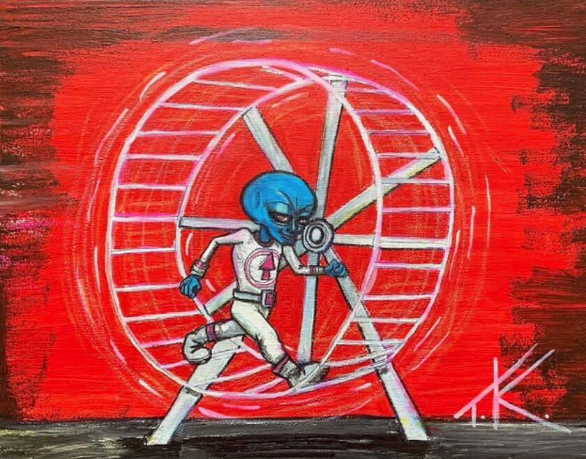 Alien running on wheelacrylic painting by Tim Kelly Similar Alien Life grind