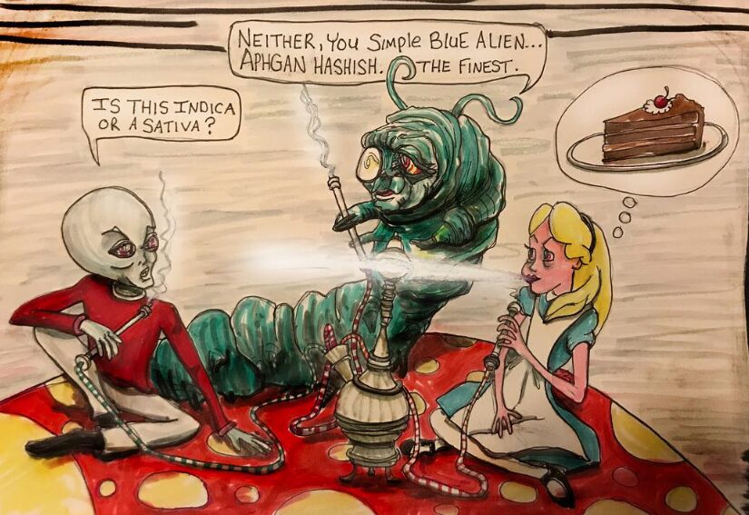 alien art Alice in wonderland by Tim Kelly similar alien mushroom rabbit hole caterpillar Absolum Cheshire Cat door mouse hookah cake