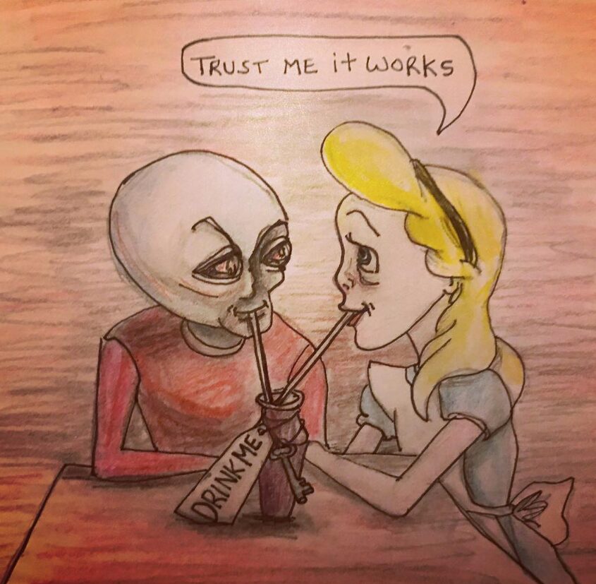 alien art Alice in wonderland by Tim Kelly similar alien mushroom rabbit hole drink me