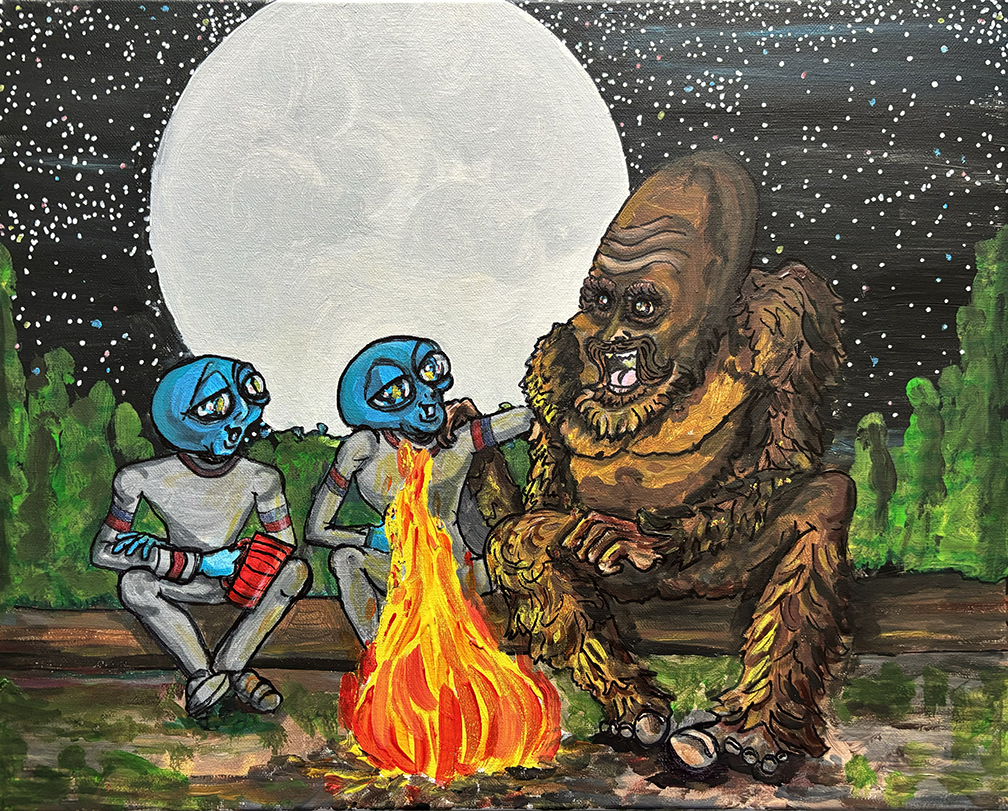alien art full moon by Tim Kelly similar alien moon Sasquatch big foot campfire