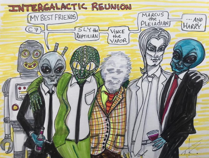 Alien Intergalactic Reunion acrylic painting by Tim Kelly Similar Alien Life old friends
